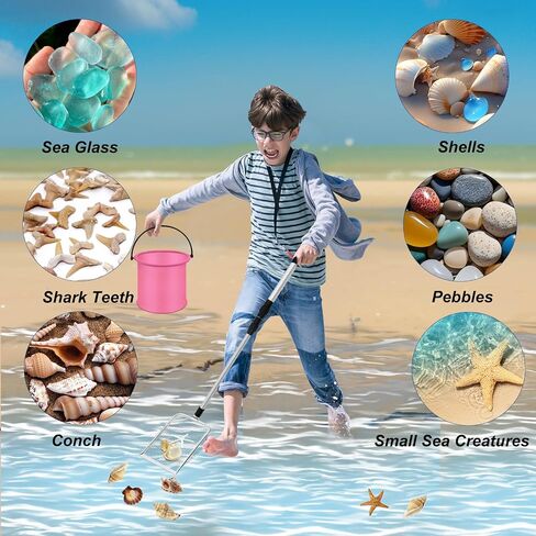 4pcs Shelling Scooper Tools for Beach, Adjustable Shark Tooth Sand Sifter with Mesh Shell Collecting Bag Foldable Beach Bucket Beach Scoop Shovel Toys for Adults Kids Picking Seashell Rock Hunting in Kuwait