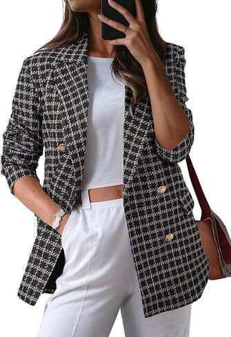 Happy Sailed Womens Tweed Blazers Casual Jackets Long Sleeve Double Breasted Open Front Plaid Blazer Jackets Work Suits in Saudi Arabia