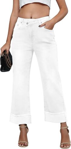 Genleck Wide Leg Cropped Jeans for Women Trendy High Waisted Crossover Boyfriend Jeans Mom Baggy Stretchy Denim in Kuwait