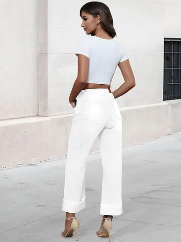 Genleck Wide Leg Cropped Jeans for Women Trendy High Waisted Crossover Boyfriend Jeans Mom Baggy Stretchy Denim in Kuwait