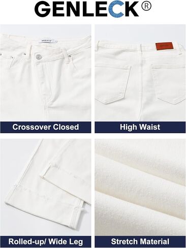 Genleck Wide Leg Cropped Jeans for Women Trendy High Waisted Crossover Boyfriend Jeans Mom Baggy Stretchy Denim in Kuwait