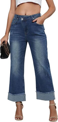 Genleck Wide Leg Cropped Jeans for Women Trendy High Waisted Crossover Boyfriend Jeans Mom Baggy Stretchy Denim in Kuwait