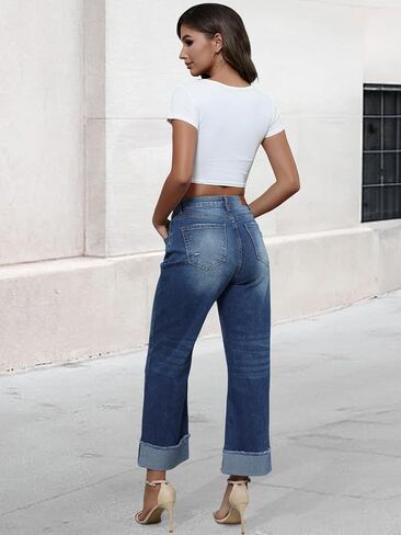 Genleck Wide Leg Cropped Jeans for Women Trendy High Waisted Crossover Boyfriend Jeans Mom Baggy Stretchy Denim in Kuwait