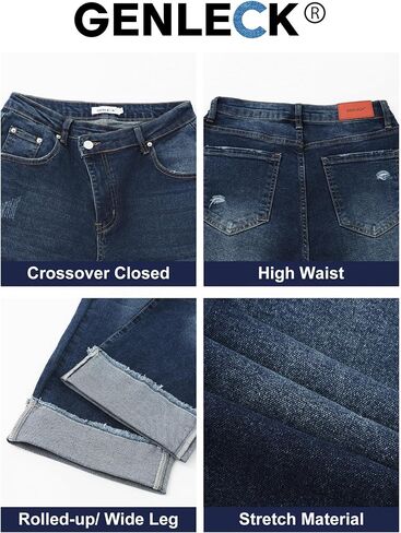 Genleck Wide Leg Cropped Jeans for Women Trendy High Waisted Crossover Boyfriend Jeans Mom Baggy Stretchy Denim in Kuwait