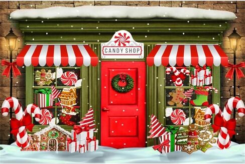 Leowefowa Christmas Candy Shop Backdrop 10x8ft Xmas Gingerbread House Red Door Storefront Photography Background Christmas Eve Party Banner Festival Holiday Kids Baby Family Photo Props in Kuwait