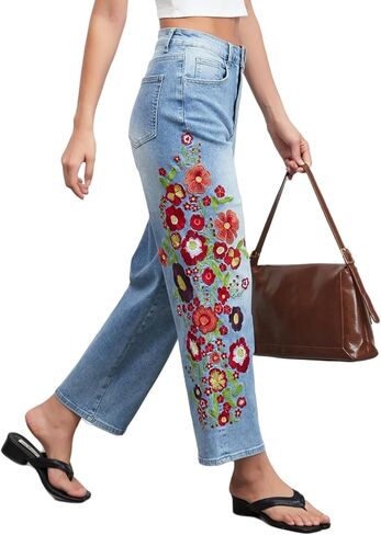 Straight Leg Cropped Jeans for Women Trendy Mid Rise Floral Print Boho Casual Denim Ankle Pants in Saudi Arabia
