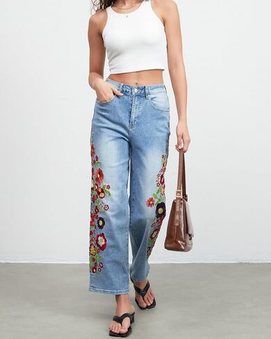 Straight Leg Cropped Jeans for Women Trendy Mid Rise Floral Print Boho Casual Denim Ankle Pants in Saudi Arabia