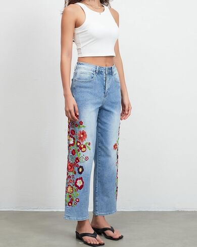 Straight Leg Cropped Jeans for Women Trendy Mid Rise Floral Print Boho Casual Denim Ankle Pants in Saudi Arabia