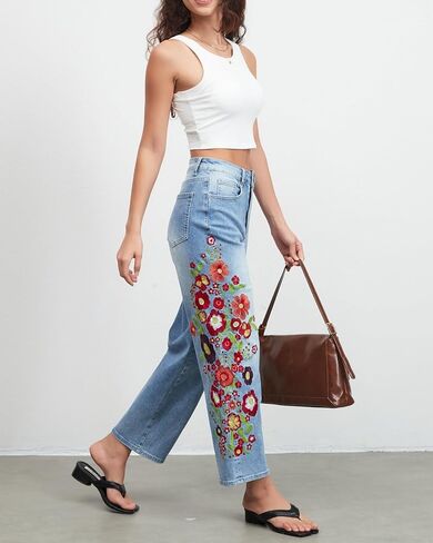 Straight Leg Cropped Jeans for Women Trendy Mid Rise Floral Print Boho Casual Denim Ankle Pants in Saudi Arabia