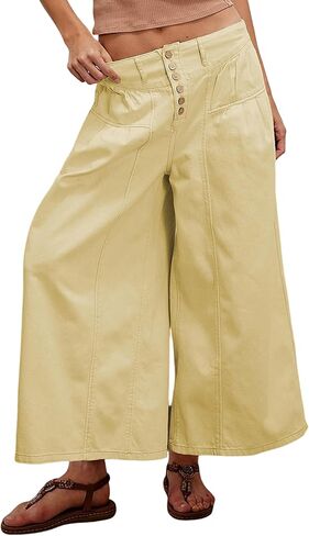 Lentta Women's Wide Leg Jeans Mid Rise Trousers Elastic Waist Button Pleated Demin Pants with Pockets in Kuwait