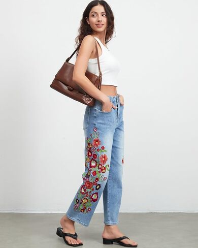 Straight Leg Cropped Jeans for Women Trendy Mid Rise Floral Print Boho Casual Denim Ankle Pants in Saudi Arabia
