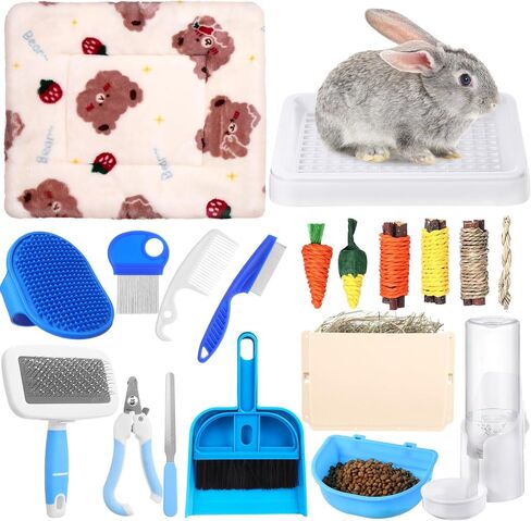 19 Pcs Rabbit Starter Kit Small Rabbit Litter Box Animal Grooming Kit Bunny Toys Bowl Blankets with Cleaning Set for Guinea Pig Bunny Accessories in Saudi Arabia