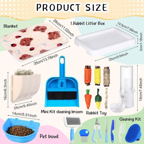 19 Pcs Rabbit Starter Kit Small Rabbit Litter Box Animal Grooming Kit Bunny Toys Bowl Blankets with Cleaning Set for Guinea Pig Bunny Accessories in Saudi Arabia