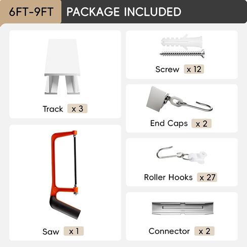 Ceiling Curtain Track, Curtain Track for Curtains, Drapes, and Room Dividers, Ceiling Mounted Rail Set with Roller Hooks, White, 6ft - 9ft in Kuwait