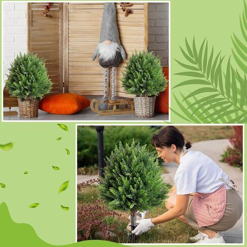 2 Pcs Artificial Cedar Topiary Bush 25" Tree UV Resistant with Spike Easy to Push in The Ground Artificial Cedar Topiary Tree Shrubs Fake Plants for Indoor Outdoor Home Garden in Saudi Arabia