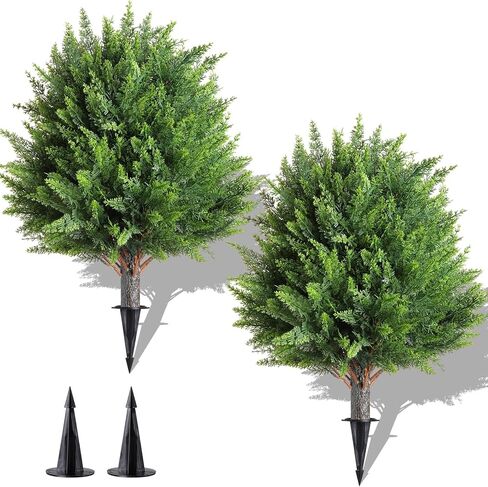 2 Pcs Artificial Cedar Topiary Bush 25" Tree UV Resistant with Spike Easy to Push in The Ground Artificial Cedar Topiary Tree Shrubs Fake Plants for Indoor Outdoor Home Garden in Saudi Arabia