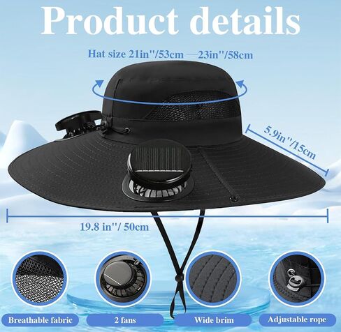 Solar Powered Fan Hat for Men Women - Wide Brim Cooling Hat with 2 USB/Solar Charging Fans, Solar Fan hat - UPF50+ Sun Hat in Saudi Arabia