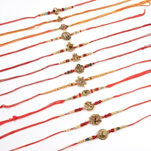 Traditional Handmade Rakhi For Brothers | Designer Rudraksha, Pearl, & Beaded Wrist Bands| Thread Rakhi For Bhaiya, Bhabhi | Elegant Handcrafted Bracelet For Raksha Bandhan - Set Of 12 in Saudi Arabia