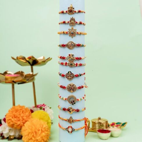 Traditional Handmade Rakhi For Brothers | Designer Rudraksha, Pearl, & Beaded Wrist Bands| Thread Rakhi For Bhaiya, Bhabhi | Elegant Handcrafted Bracelet For Raksha Bandhan - Set Of 12 in Saudi Arabia