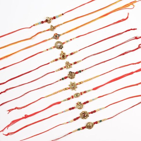 Traditional Handmade Rakhi For Brothers | Designer Rudraksha, Pearl, & Beaded Wrist Bands| Thread Rakhi For Bhaiya, Bhabhi | Elegant Handcrafted Bracelet For Raksha Bandhan - Set Of 12 in Saudi Arabia