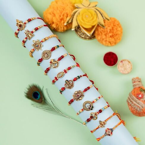 Traditional Handmade Rakhi For Brothers | Designer Rudraksha, Pearl, & Beaded Wrist Bands| Thread Rakhi For Bhaiya, Bhabhi | Elegant Handcrafted Bracelet For Raksha Bandhan - Set Of 12 in Saudi Arabia