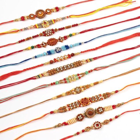 Traditional Handmade Rakhi For Brothers | Designer Rudraksha, Pearl, & Beaded Wrist Bands| Thread Rakhi For Bhaiya, Bhabhi | Elegant Handcrafted Bracelet For Raksha Bandhan - Set Of 12 in Saudi Arabia