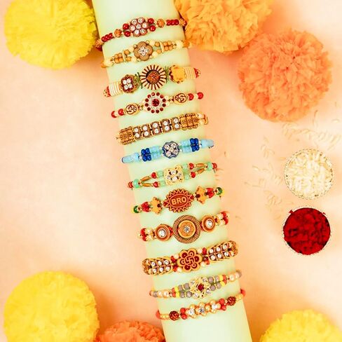Traditional Handmade Rakhi For Brothers | Designer Rudraksha, Pearl, & Beaded Wrist Bands| Thread Rakhi For Bhaiya, Bhabhi | Elegant Handcrafted Bracelet For Raksha Bandhan - Set Of 12 in Saudi Arabia