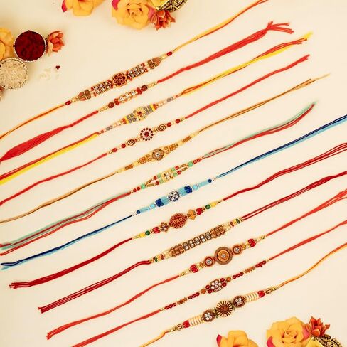 Traditional Handmade Rakhi For Brothers | Designer Rudraksha, Pearl, & Beaded Wrist Bands| Thread Rakhi For Bhaiya, Bhabhi | Elegant Handcrafted Bracelet For Raksha Bandhan - Set Of 12 in Saudi Arabia
