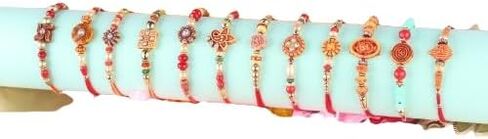Traditional Handmade Rakhi For Brothers | Designer Rudraksha, Pearl, & Beaded Wrist Bands| Thread Rakhi For Bhaiya, Bhabhi | Elegant Handcrafted Bracelet For Raksha Bandhan - Set Of 12 in Saudi Arabia