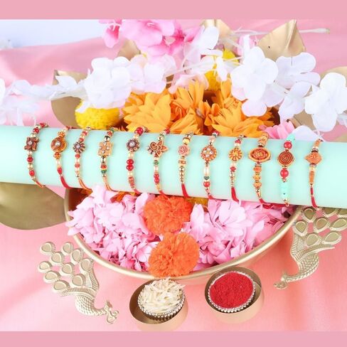 Traditional Handmade Rakhi For Brothers | Designer Rudraksha, Pearl, & Beaded Wrist Bands| Thread Rakhi For Bhaiya, Bhabhi | Elegant Handcrafted Bracelet For Raksha Bandhan - Set Of 12 in Saudi Arabia