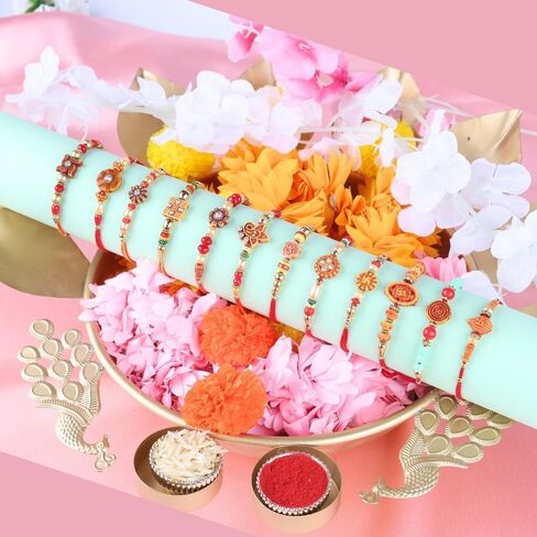 Traditional Handmade Rakhi For Brothers | Designer Rudraksha, Pearl, & Beaded Wrist Bands| Thread Rakhi For Bhaiya, Bhabhi | Elegant Handcrafted Bracelet For Raksha Bandhan - Set Of 12 in Saudi Arabia