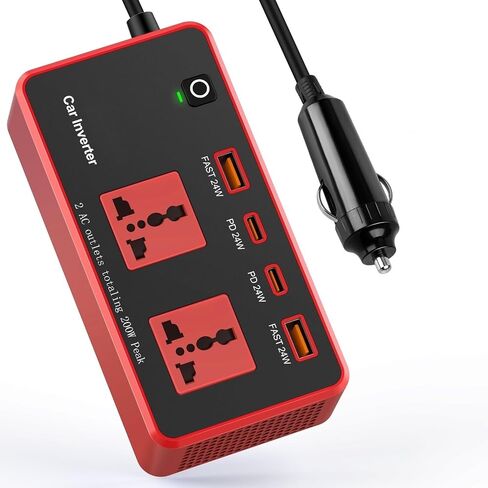 200W سيارة العاكس DC 12V إلى 110 فولت مع نوع USB C PD24W QC3.0 (أحمر) in Kuwait