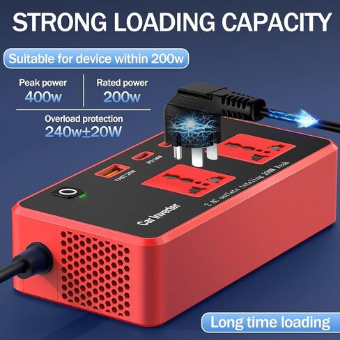200W سيارة العاكس DC 12V إلى 110 فولت مع نوع USB C PD24W QC3.0 (أحمر) in Kuwait