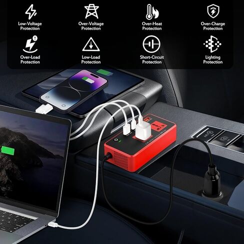 200W سيارة العاكس DC 12V إلى 110 فولت مع نوع USB C PD24W QC3.0 (أحمر) in Kuwait