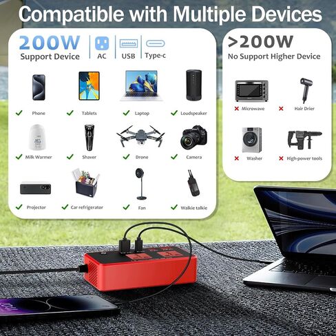200W سيارة العاكس DC 12V إلى 110 فولت مع نوع USB C PD24W QC3.0 (أحمر) in Kuwait