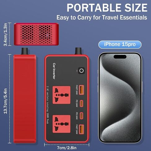 200W سيارة العاكس DC 12V إلى 110 فولت مع نوع USB C PD24W QC3.0 (أحمر) in Kuwait