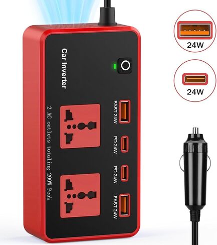 200W سيارة العاكس DC 12V إلى 110 فولت مع نوع USB C PD24W QC3.0 (أحمر) in Kuwait