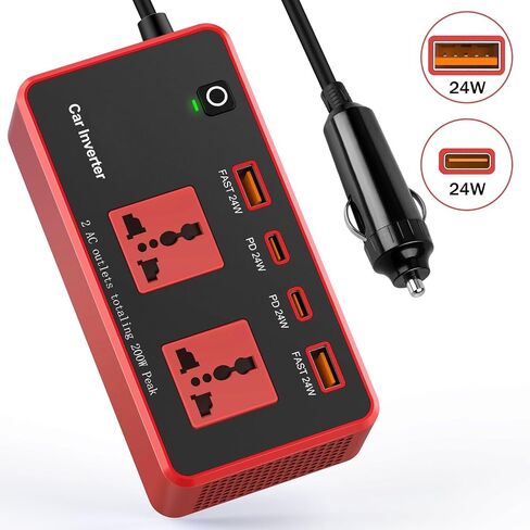 200W سيارة العاكس DC 12V إلى 110 فولت مع نوع USB C PD24W QC3.0 (أحمر) in Kuwait