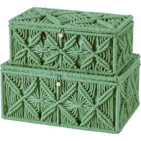 2PCS Decorative Boho Storage Baskets with Lid Bohemian Macrame Jewelry Box Handmade Natural Cotton Rope Woven Bins Memory Keepsake Makeup Organizer Container (Off White, 1 Large 1 Small) in Kuwait