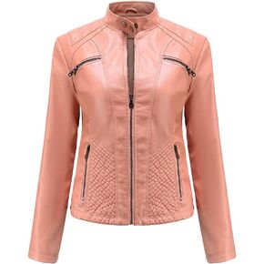 Women's Fashion Faux Leather Jackets Lightweight Solid Color Outwear Zip Up Casual Moto Biker Slim Spring Fall Coat in Saudi Arabia