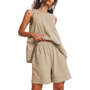 Womens 2 Piece Lounge Set Casual Summer Outfits Sleeveless Tank Top and Elastic Waist Shorts with Pockets in Saudi Arabia
