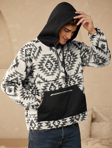 ZAFUL Men's Oversized Hoodie Quarter Zip Ethnic Aztec Print Loose Pullover Hooded Sweatshirt with Pocket in Saudi Arabia