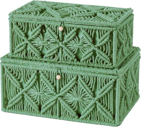 2PCS Decorative Boho Storage Baskets with Lid Bohemian Macrame Jewelry Box Handmade Natural Cotton Rope Woven Bins Memory Keepsake Makeup Organizer Container (Off White, 1 Large 1 Small) in Kuwait