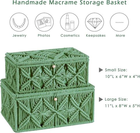 2PCS Decorative Boho Storage Baskets with Lid Bohemian Macrame Jewelry Box Handmade Natural Cotton Rope Woven Bins Memory Keepsake Makeup Organizer Container (Off White, 1 Large 1 Small) in Kuwait