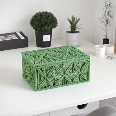 2PCS Decorative Boho Storage Baskets with Lid Bohemian Macrame Jewelry Box Handmade Natural Cotton Rope Woven Bins Memory Keepsake Makeup Organizer Container (Off White, 1 Large 1 Small) in Kuwait