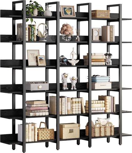 IRONCK Bookcase and Bookshelves Triple Wide 6 Tiers Large Open Shelves, Etagere Bookcases with Back Fence for Home Office Decor, Easy Assembly, Vintage Brown in Kuwait