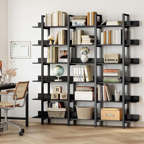IRONCK Bookcase and Bookshelves Triple Wide 6 Tiers Large Open Shelves, Etagere Bookcases with Back Fence for Home Office Decor, Easy Assembly, Vintage Brown in Kuwait
