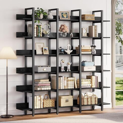 IRONCK Bookcase and Bookshelves Triple Wide 6 Tiers Large Open Shelves, Etagere Bookcases with Back Fence for Home Office Decor, Easy Assembly, Vintage Brown in Kuwait