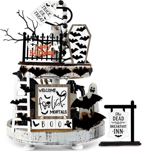 Umigy 15 Pcs Halloween Tiered Tray Decor Set Cute Halloween Wooden Signs Farmhouse Rustic Tiered Tray Decoration Items for Home Table House Room Kitchen Party (Black Cat) in Saudi Arabia