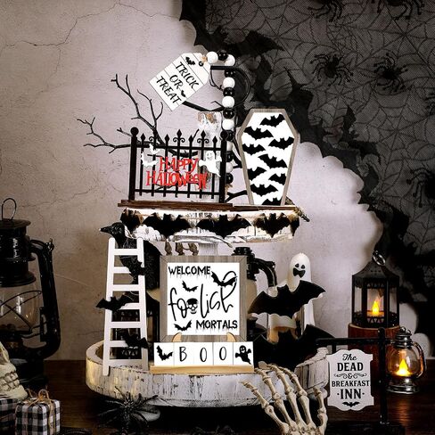 Umigy 15 Pcs Halloween Tiered Tray Decor Set Cute Halloween Wooden Signs Farmhouse Rustic Tiered Tray Decoration Items for Home Table House Room Kitchen Party (Black Cat) in Saudi Arabia